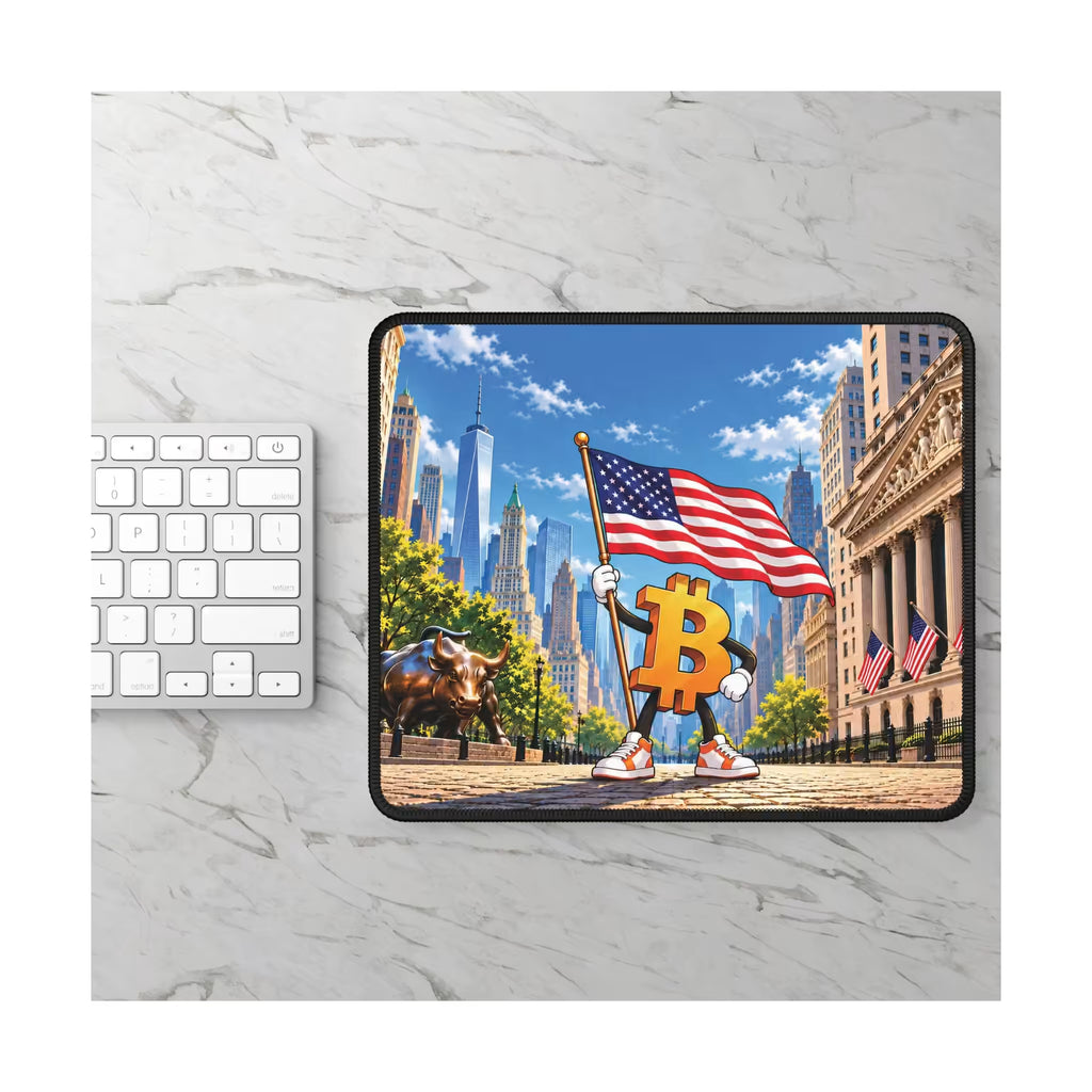 Bitcoin Meets Wall Street Mouse Pad displayed on a light marble desk beside a white keyboard