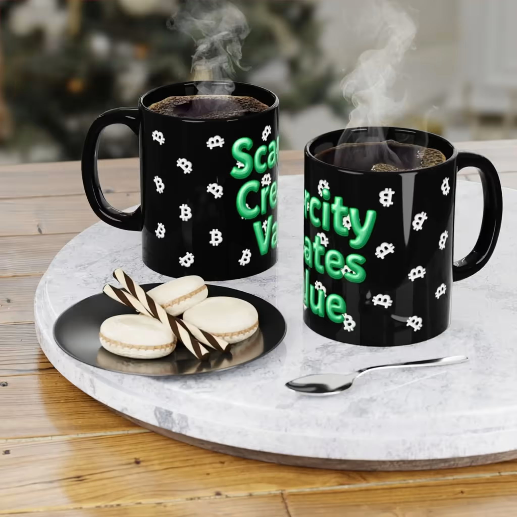 Two black Bitcoin 'Scarcity Creates Value' mugs on a round marble tray with treats. Bitcoin Merch mugs collection.