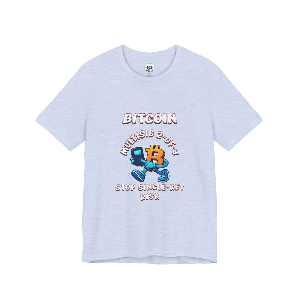 Flat lay of the heather prism blue Multisig 2-of-3 Vault t-shirt. A Bella Canvas 3001 staple for maximum security.