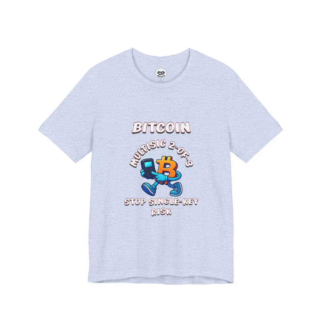 Flat lay of the heather prism blue Multisig 2-of-3 Vault t-shirt. A Bella Canvas 3001 staple for maximum security.