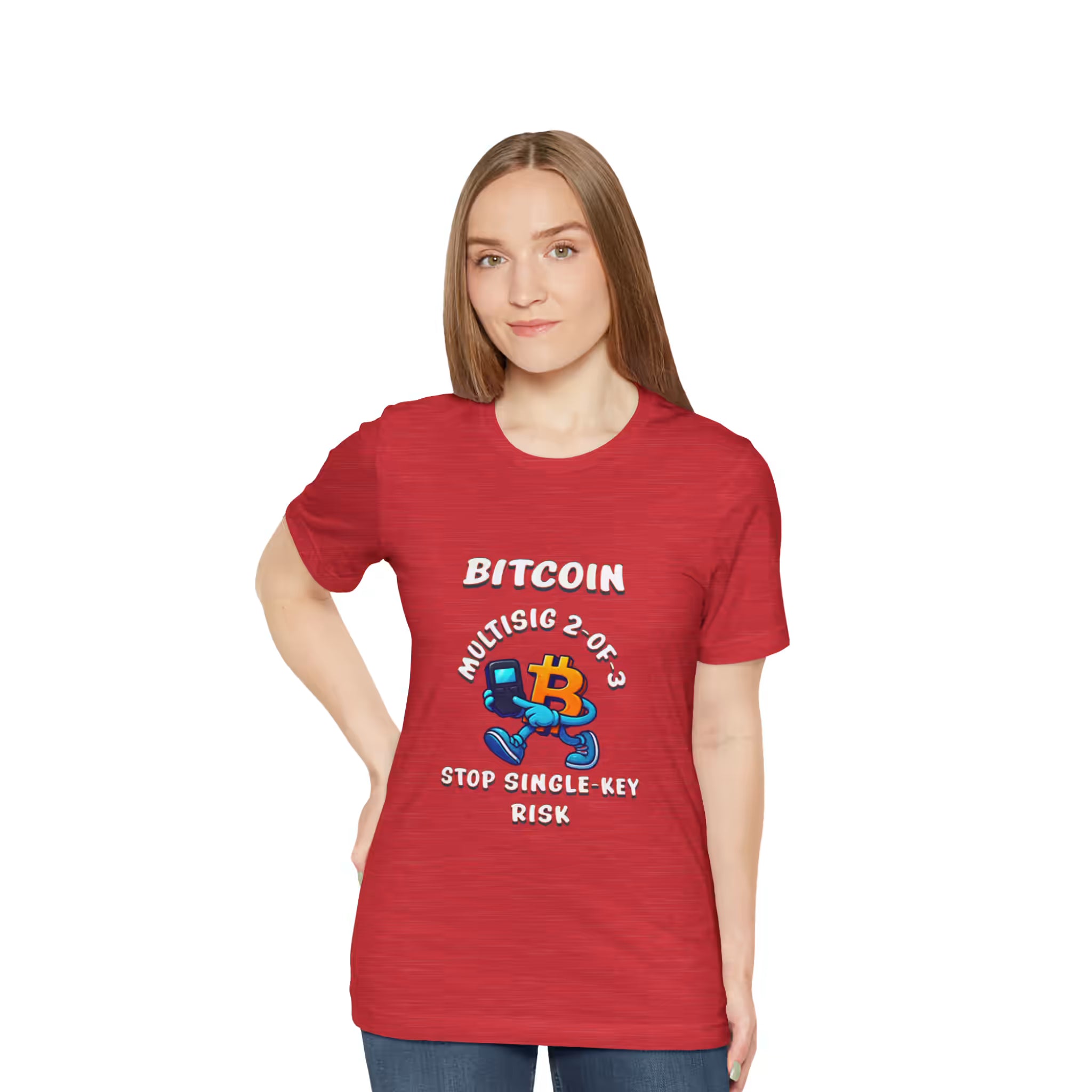Front view of a model in the heather red Bitcoin Multisig 2-of-3 Vault t-shirt, educating on advanced wallet security.