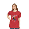 Front view of a model in the heather red Bitcoin Multisig 2-of-3 Vault t-shirt, educating on advanced wallet security.