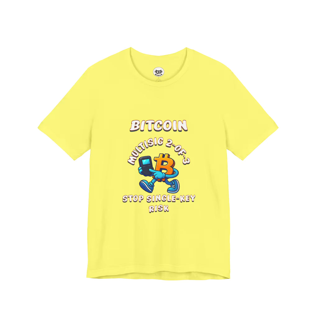 Flat front view of the yellow Multisig 2-of-3 Vault t-shirt, highlighting the Bella Canvas 3001 build for node runners.
