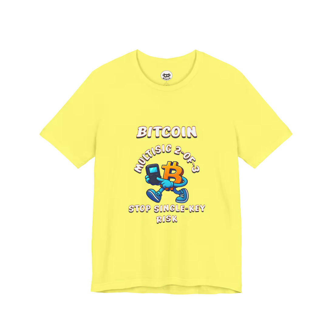 Flat front view of the yellow Multisig 2-of-3 Vault t-shirt, highlighting the Bella Canvas 3001 build for node runners.