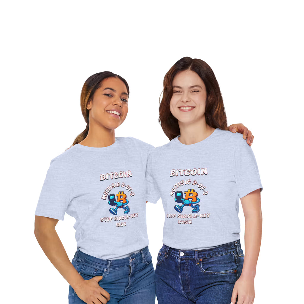 Front view of two models in heather prism blue Bitcoin Multisig Vault t-shirts. Securing wealth side by side.