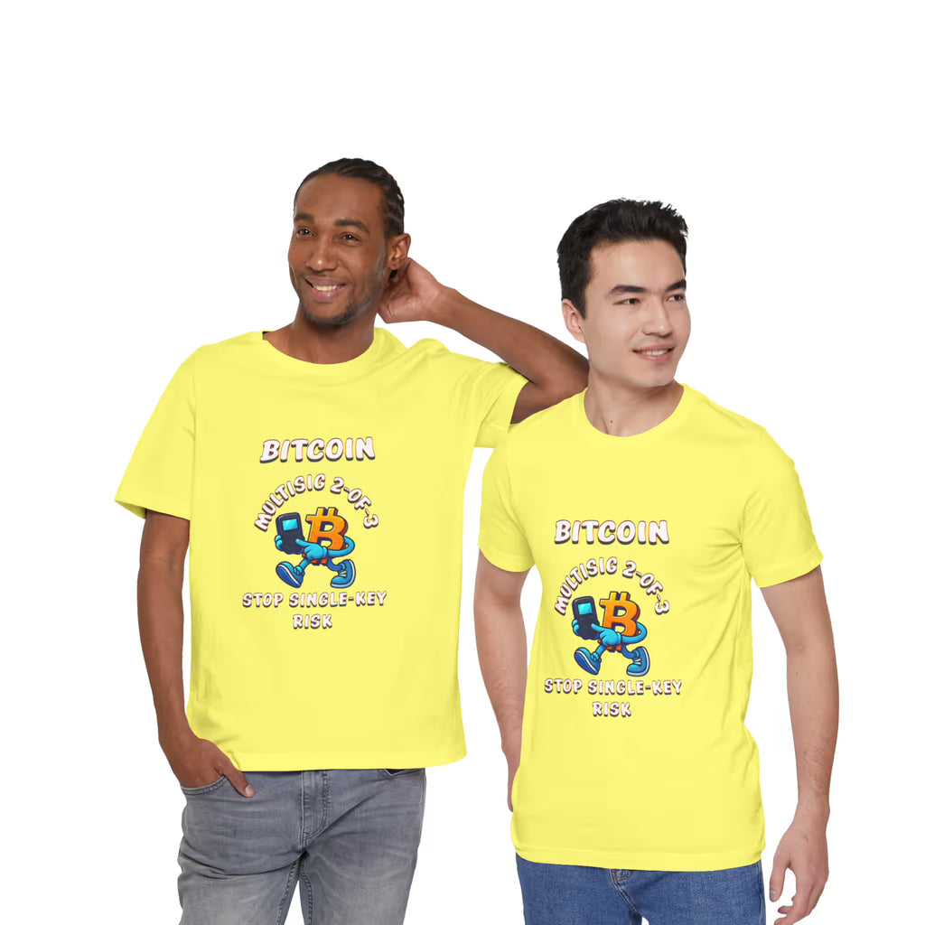 Front view of two models wearing yellow Bitcoin Multisig 2-of-3 Vault t-shirts. Eliminating single-key risk together.