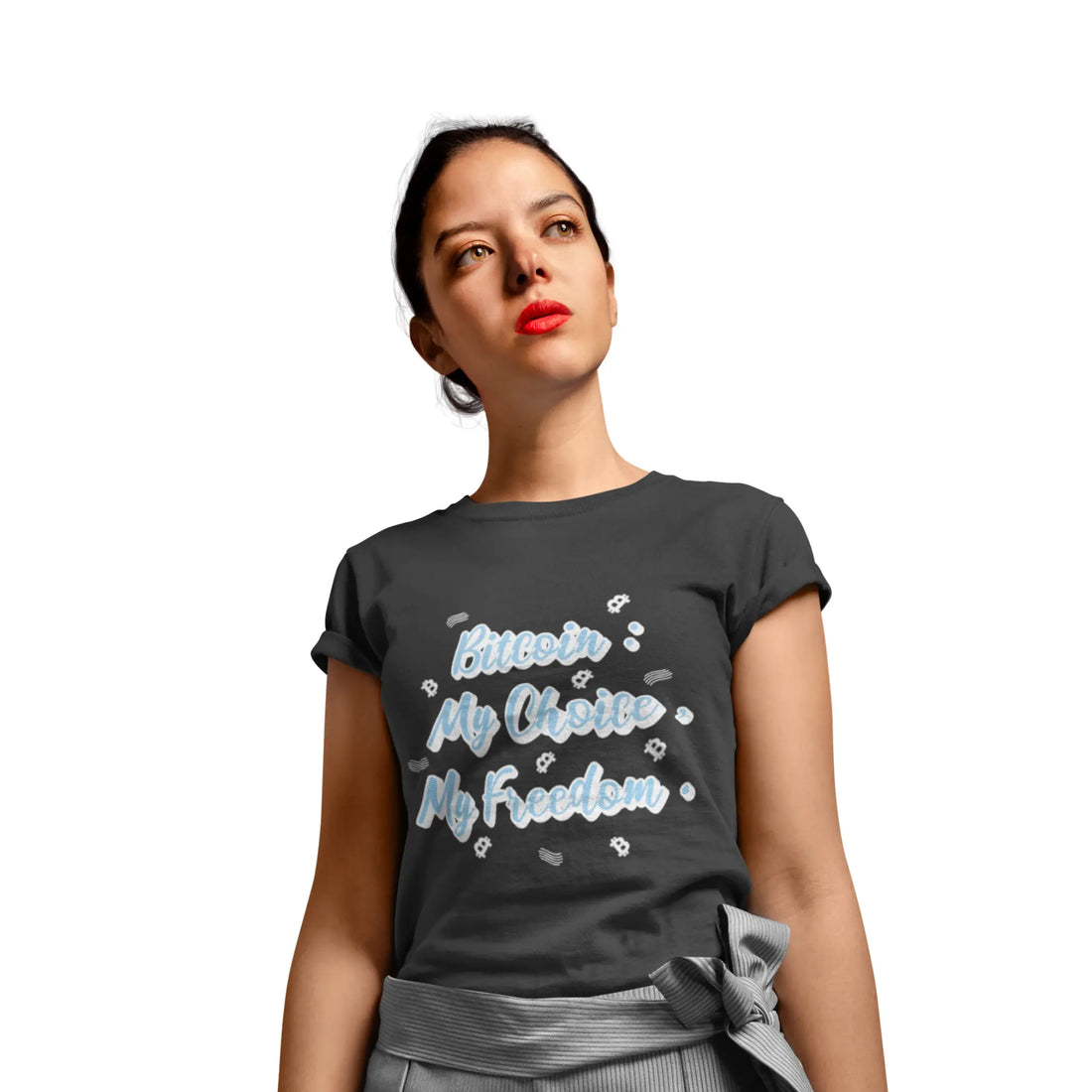 Bitcoin My Choice My Freedom Womens Tee - Solid Heavy Metal - Next Level 3900 Slim Fit - Bitcoin Apparel