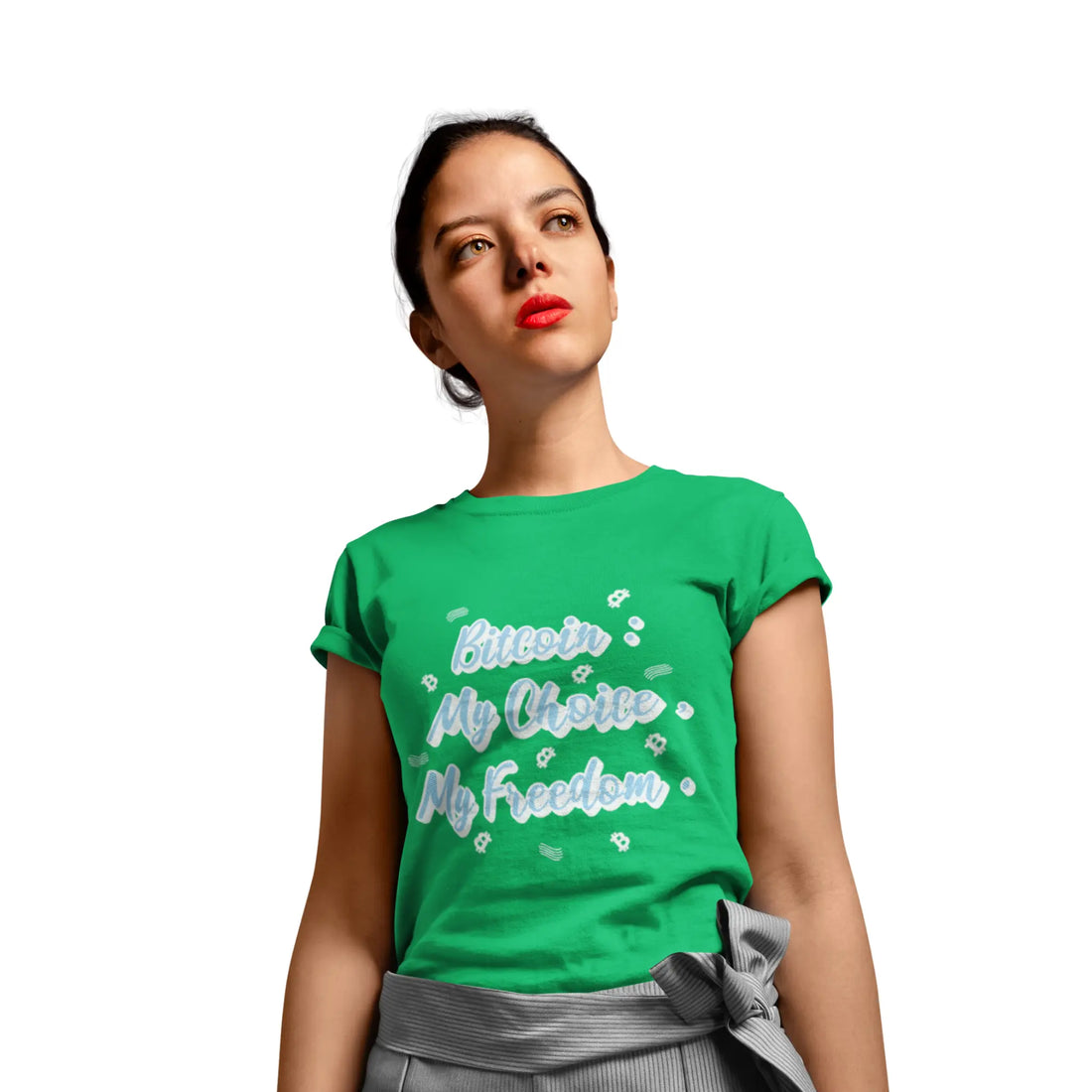 Bitcoin My Choice My Freedom Womens Tee - Solid Kelly Green - Next Level 3900 Premium Fit - Bitcoin Apparel