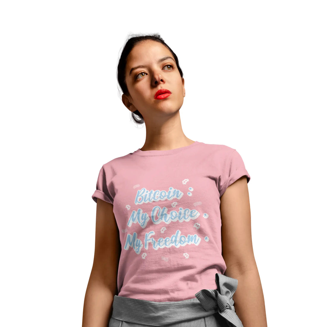 Bitcoin My Choice My Freedom Womens Tee - Solid Light Pink - Next Level 3900 Soft Cotton - Bitcoin Merch