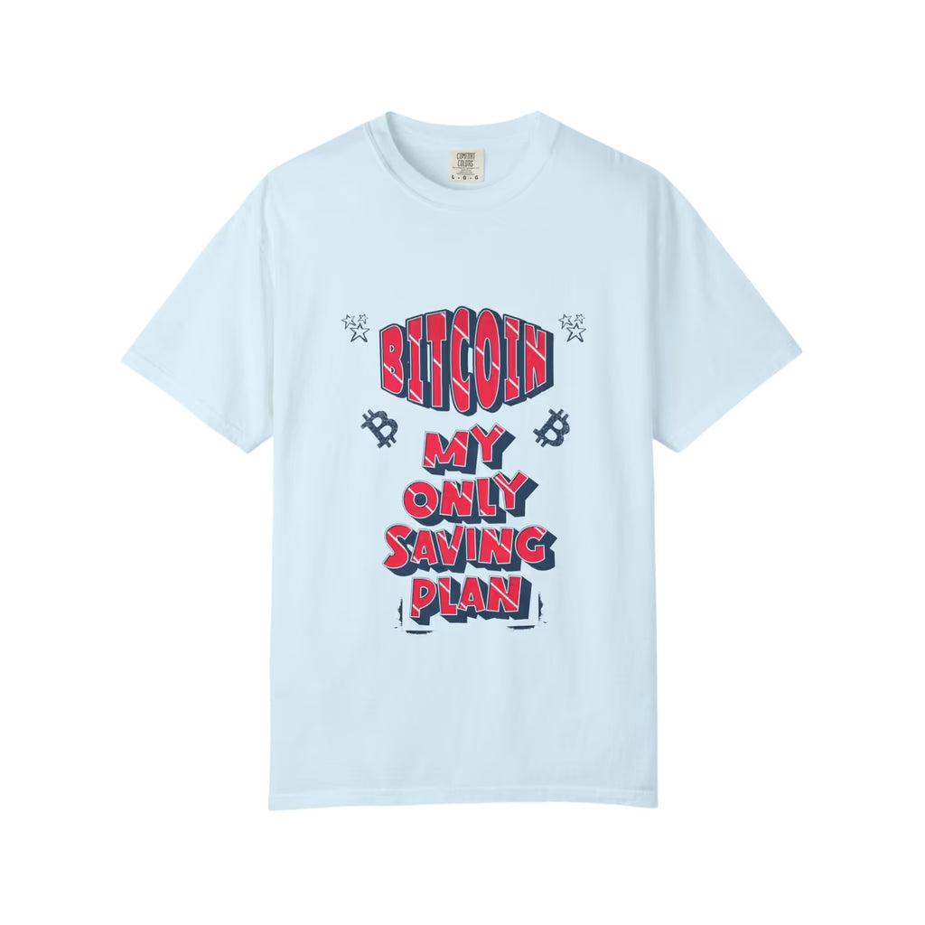 Flat front view of a Chambray T-Shirt featuring red and navy Bitcoin My Only Saving Plan lettering, Bitcoin symbols, and stars.