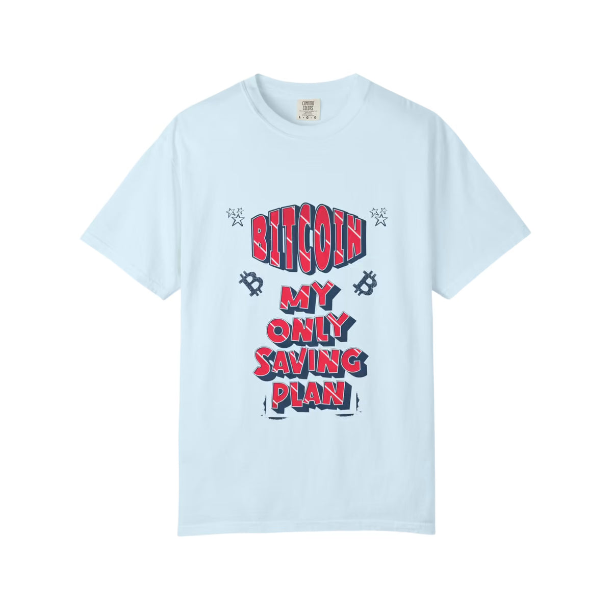 Flat front view of a Chambray T-Shirt featuring red and navy Bitcoin My Only Saving Plan lettering, Bitcoin symbols, and stars.
