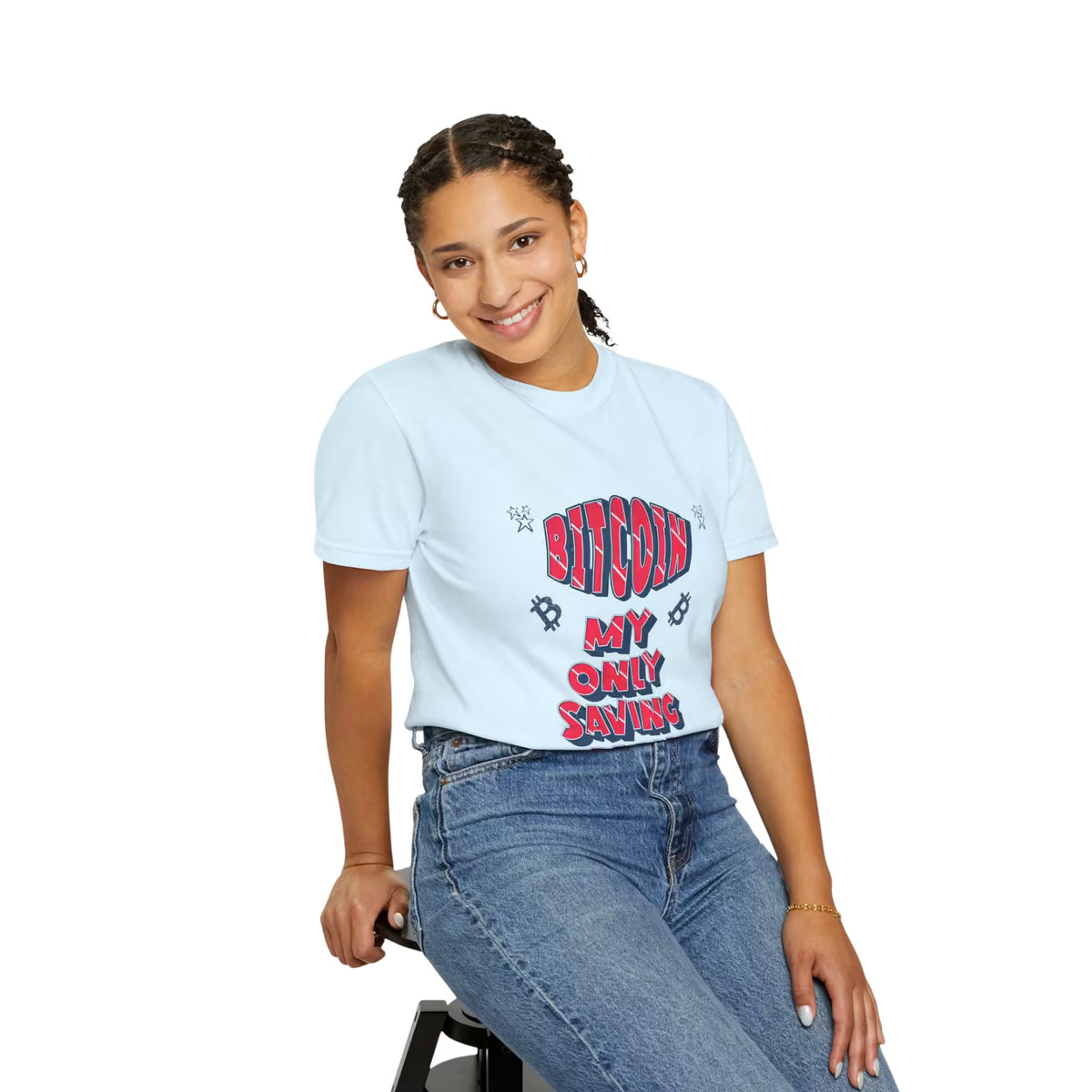 Seated model wearing a light blue Chambray T-Shirt with a red and navy Bitcoin My Only Saving Plan front graphic.