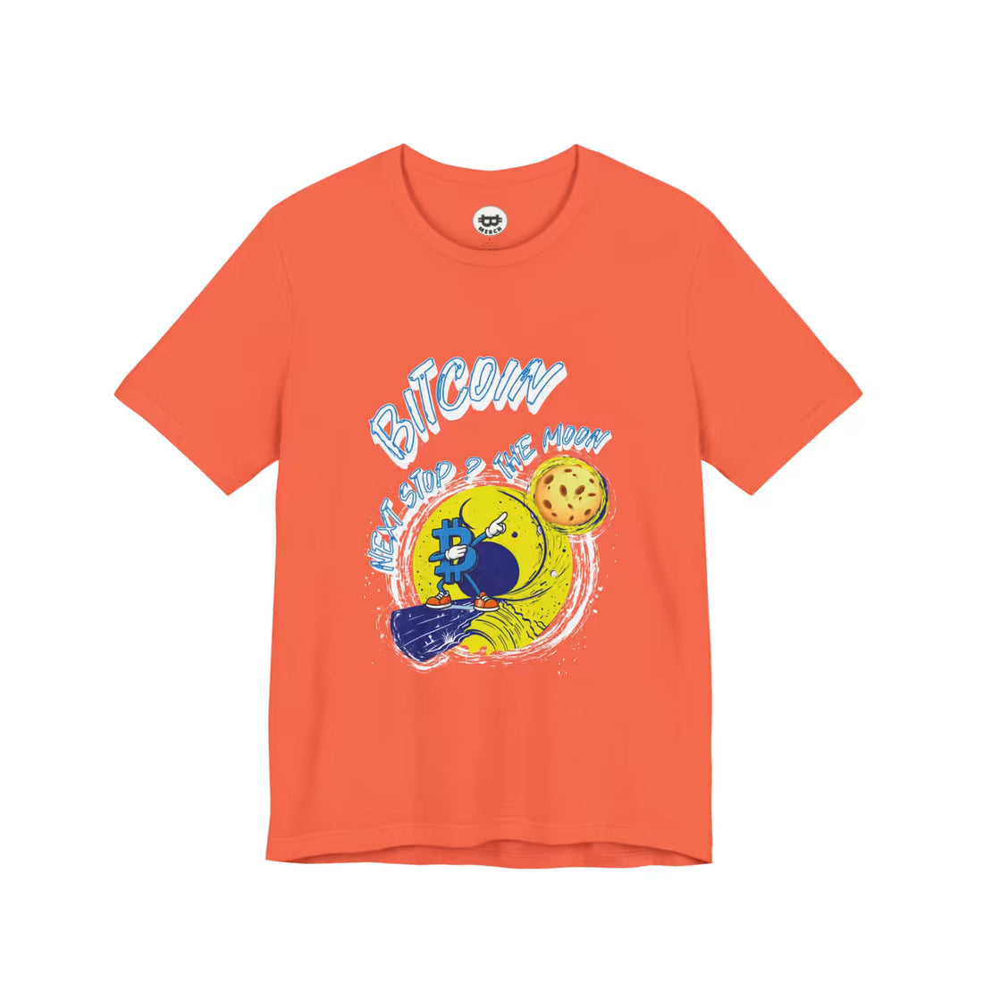 Flat lay of the coral Bitcoin Next Stop The Moon t-shirt, showing the soft Bella Canvas 3001 material.