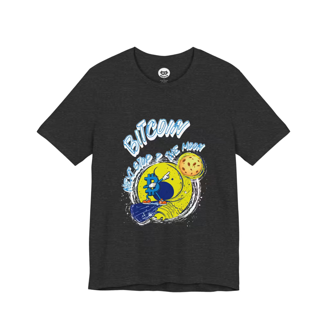 Flat front view of the dark grey heather Bitcoin Next Stop The Moon t-shirt, highlighting Bella Canvas 3001 quality.