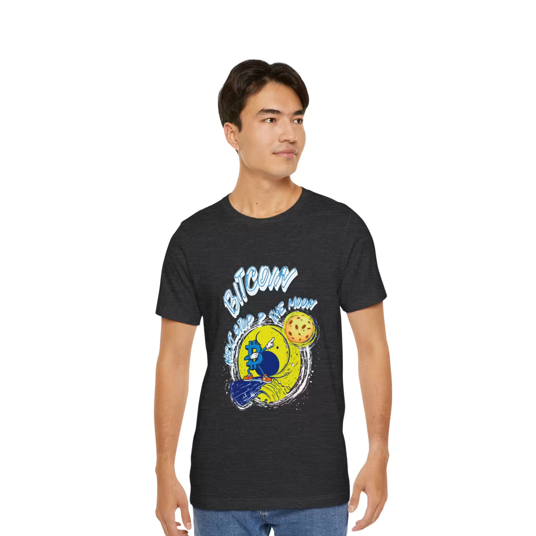 Front view of a model wearing the dark grey heather Bitcoin Next Stop The Moon t-shirt. HODL to the moon.