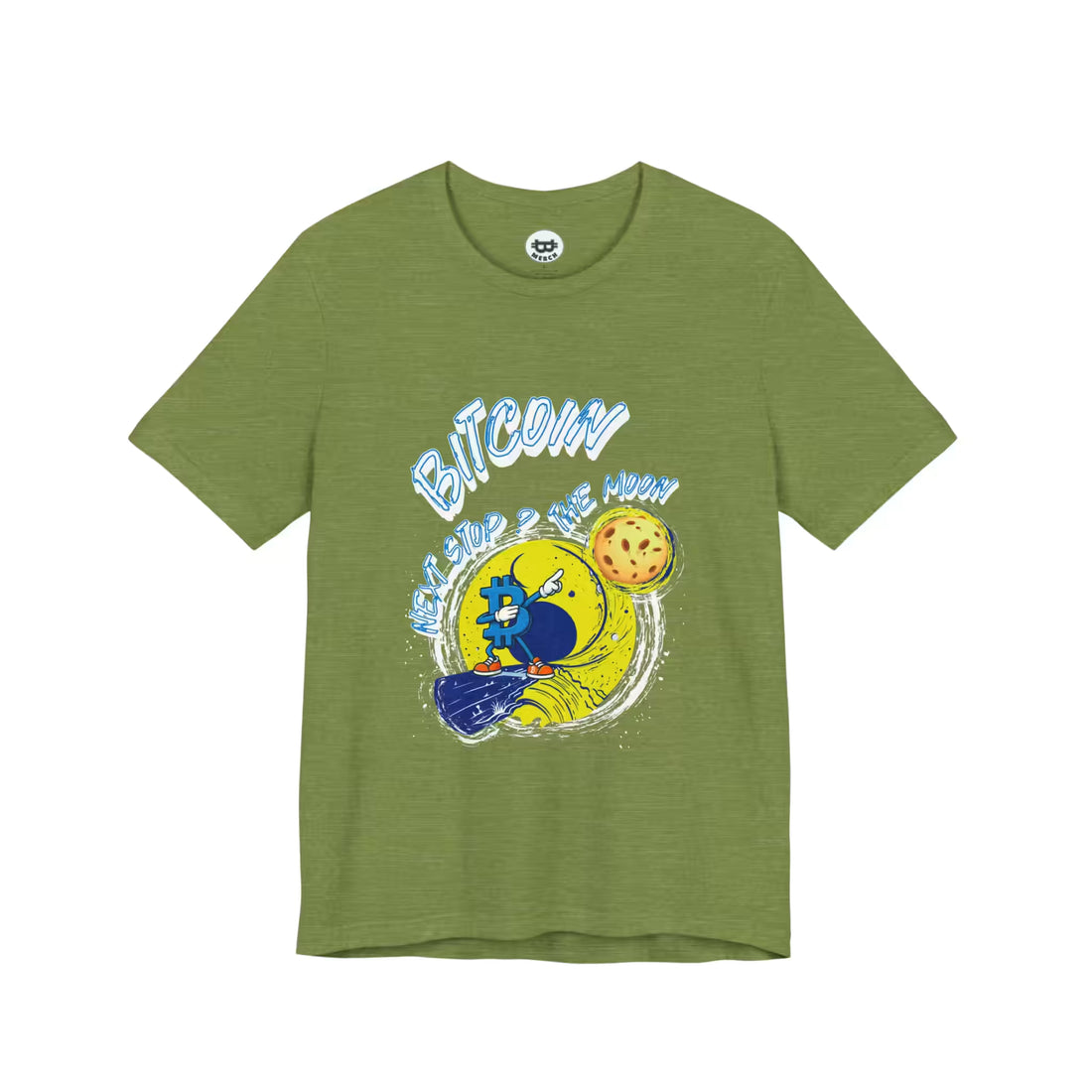 Flat lay of the heather green Bitcoin Next Stop The Moon t-shirt, featuring the premium Bella Canvas 3001 fabric.