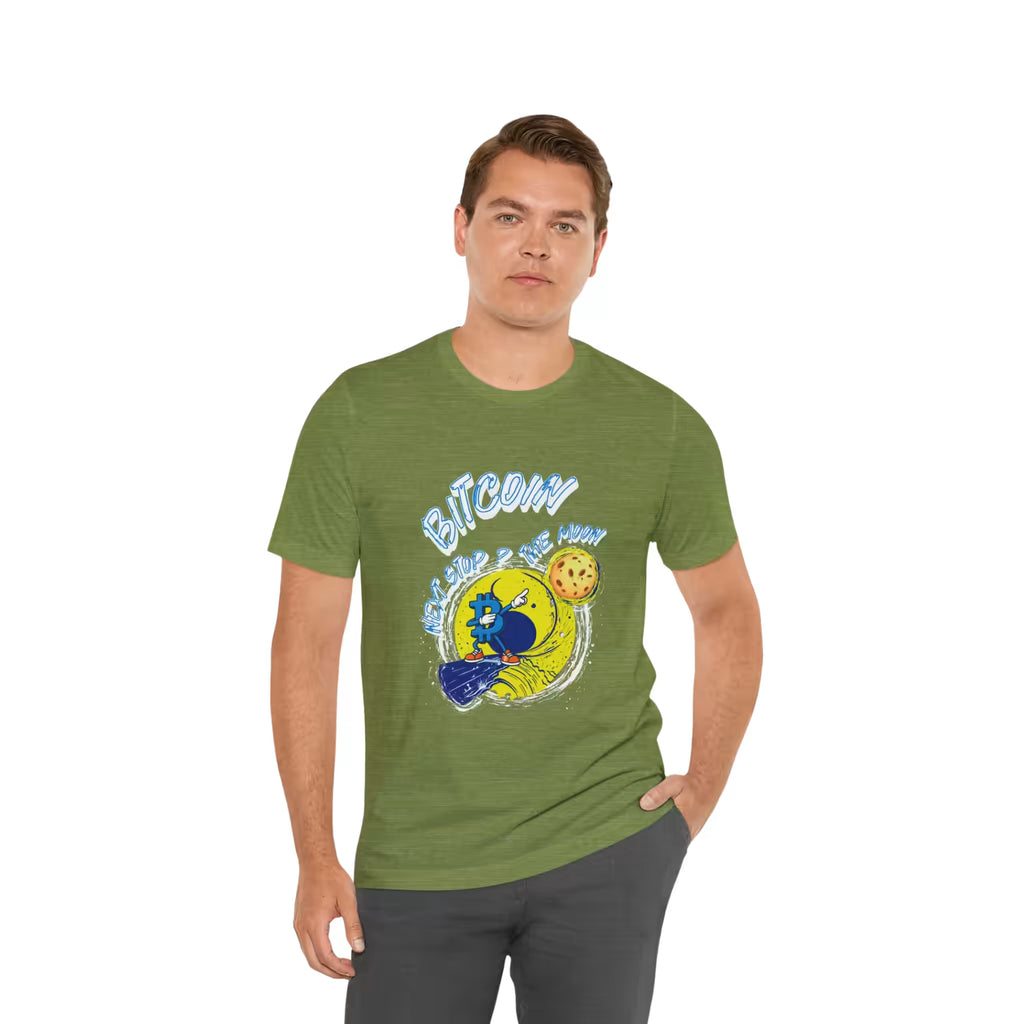Front view of a model in the heather green Bitcoin Next Stop The Moon t-shirt, stacking sats for the long term.