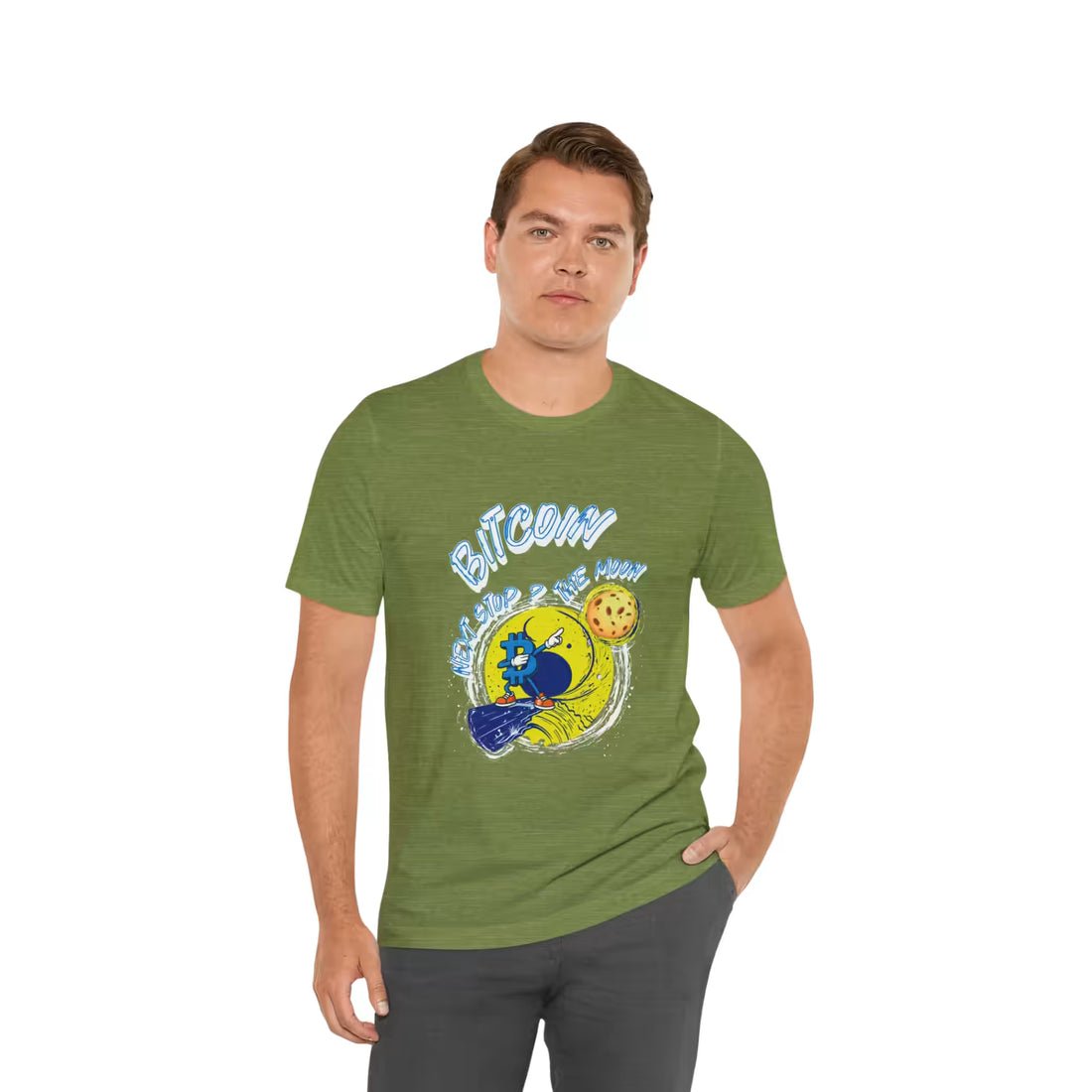 Front view of a model in the heather green Bitcoin Next Stop The Moon t-shirt, stacking sats for the long term.
