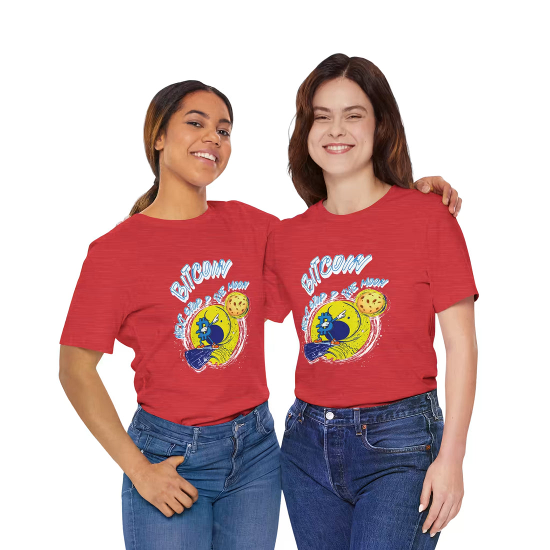 Duo models front view in heather red Bitcoin Next Stop The Moon t-shirts. Stacking sats to the moon together.