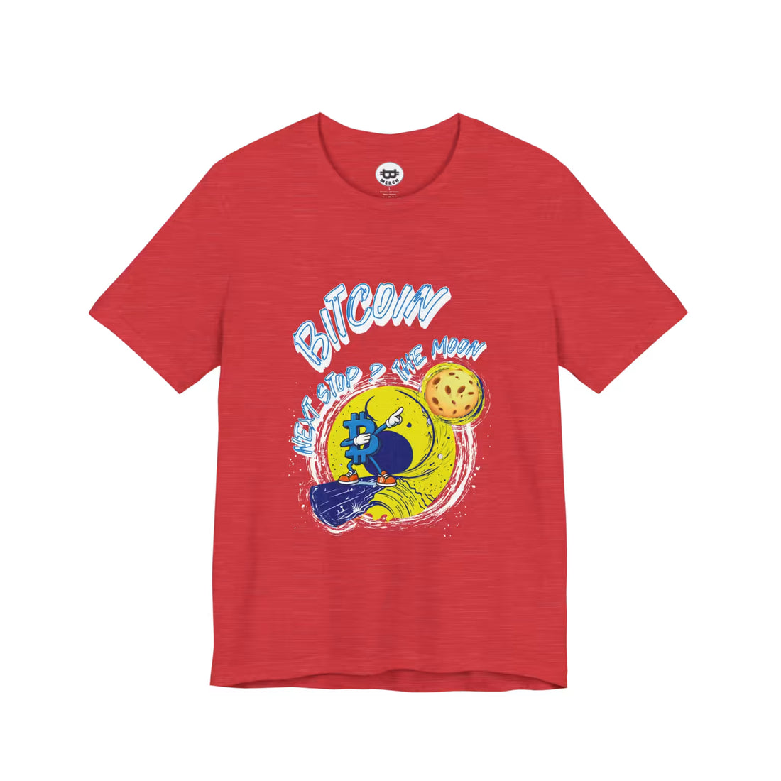 Flat front view of the heather red Bitcoin Next Stop The Moon t-shirt. A Bella Canvas 3001 staple for maximalists.