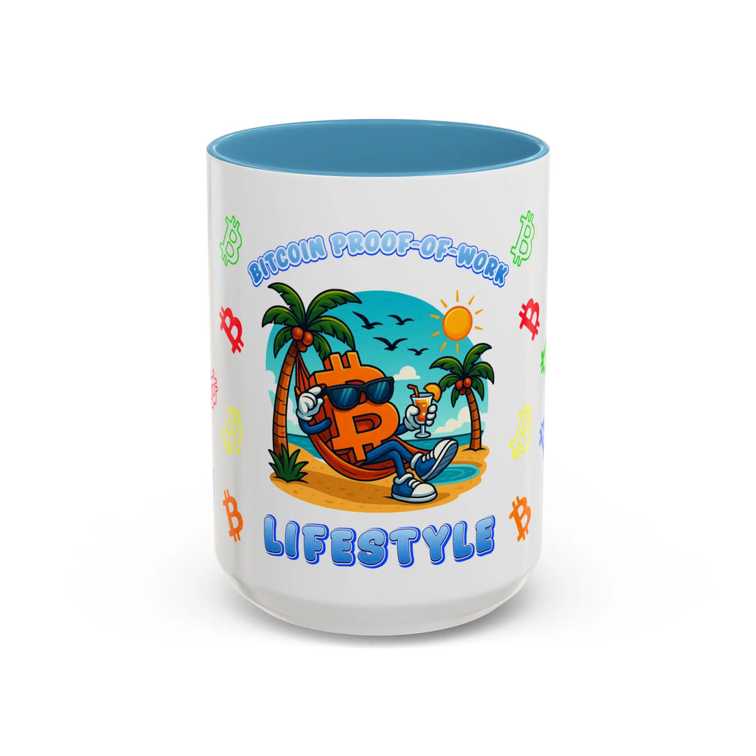 Bitcoin Proof-Of-Work — Lifestyle | 15oz Coffee Mug with light blue interior - Front view