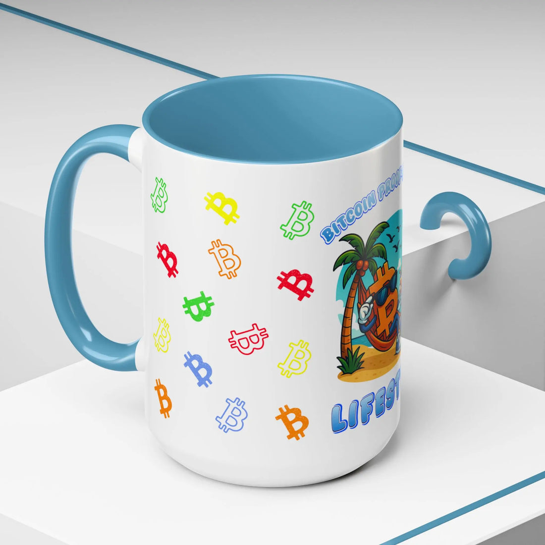 Bitcoin Proof-Of-Work — Lifestyle | 15oz Coffee Mug with light blue interior - Side view