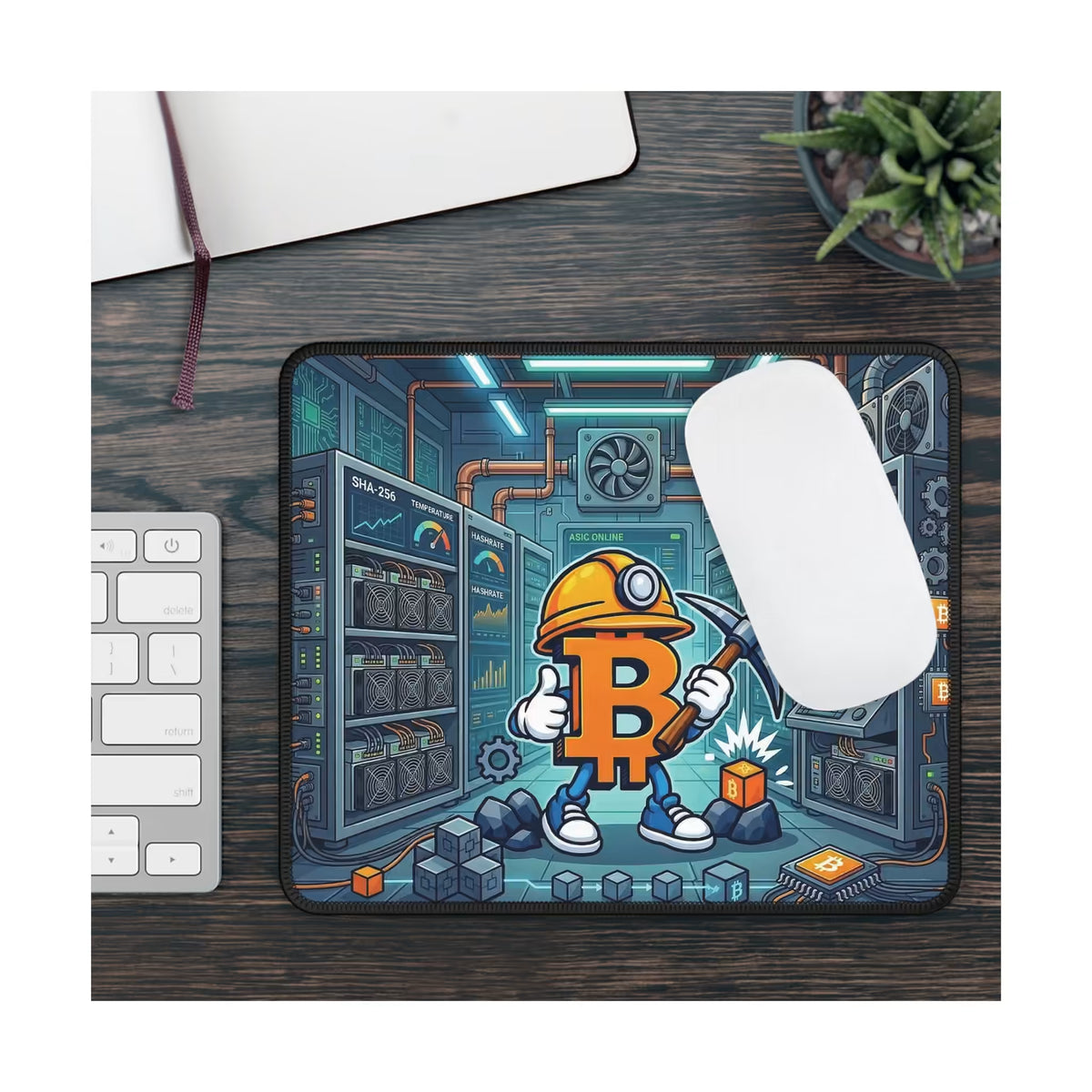 Bitcoin Proof of Work Mining Mouse Pad on a dark wood desk with a white mouse and keyboard