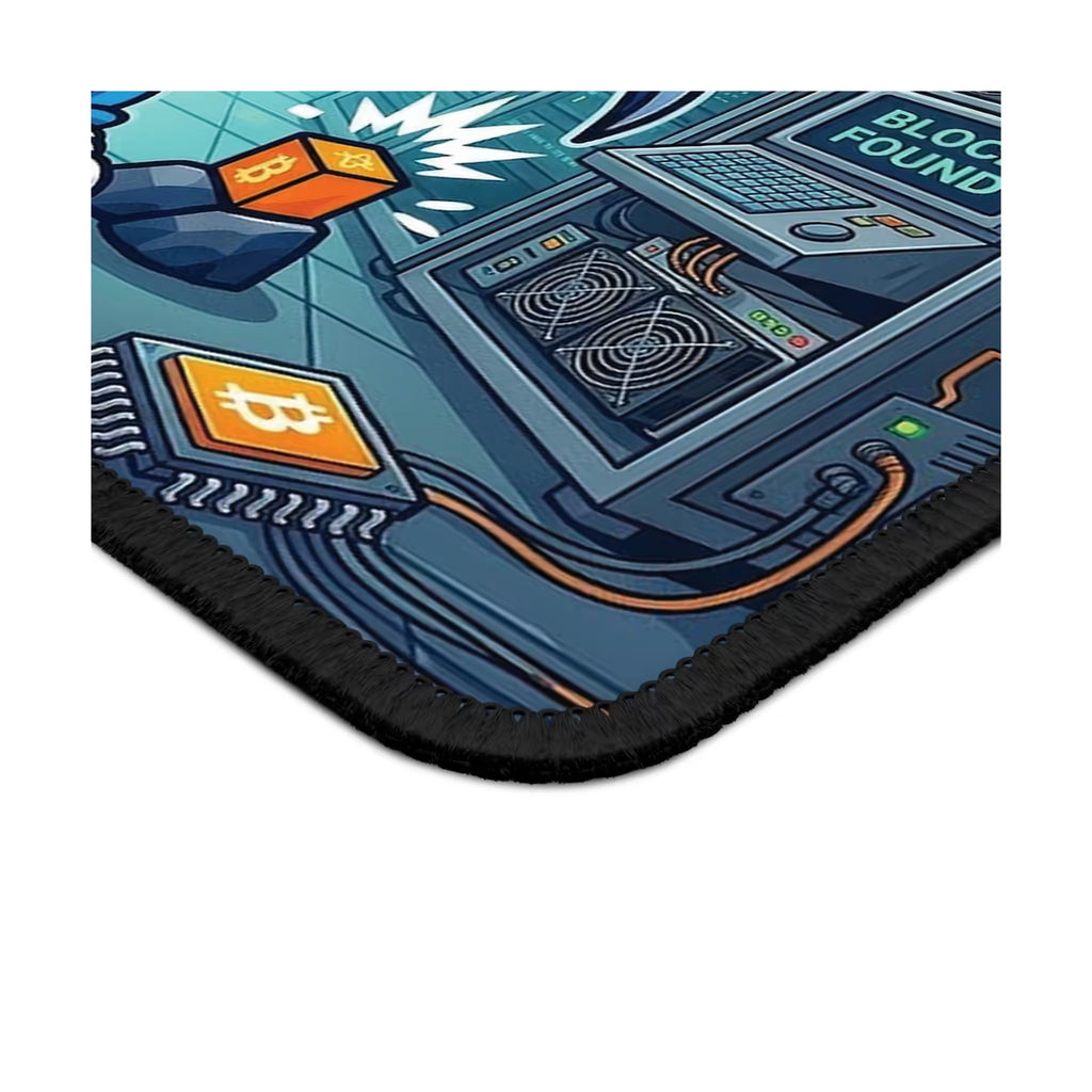 Close-up of Bitcoin Proof of Work Mining Mouse Pad showing mining artwork, printed surface, and black stitched edge