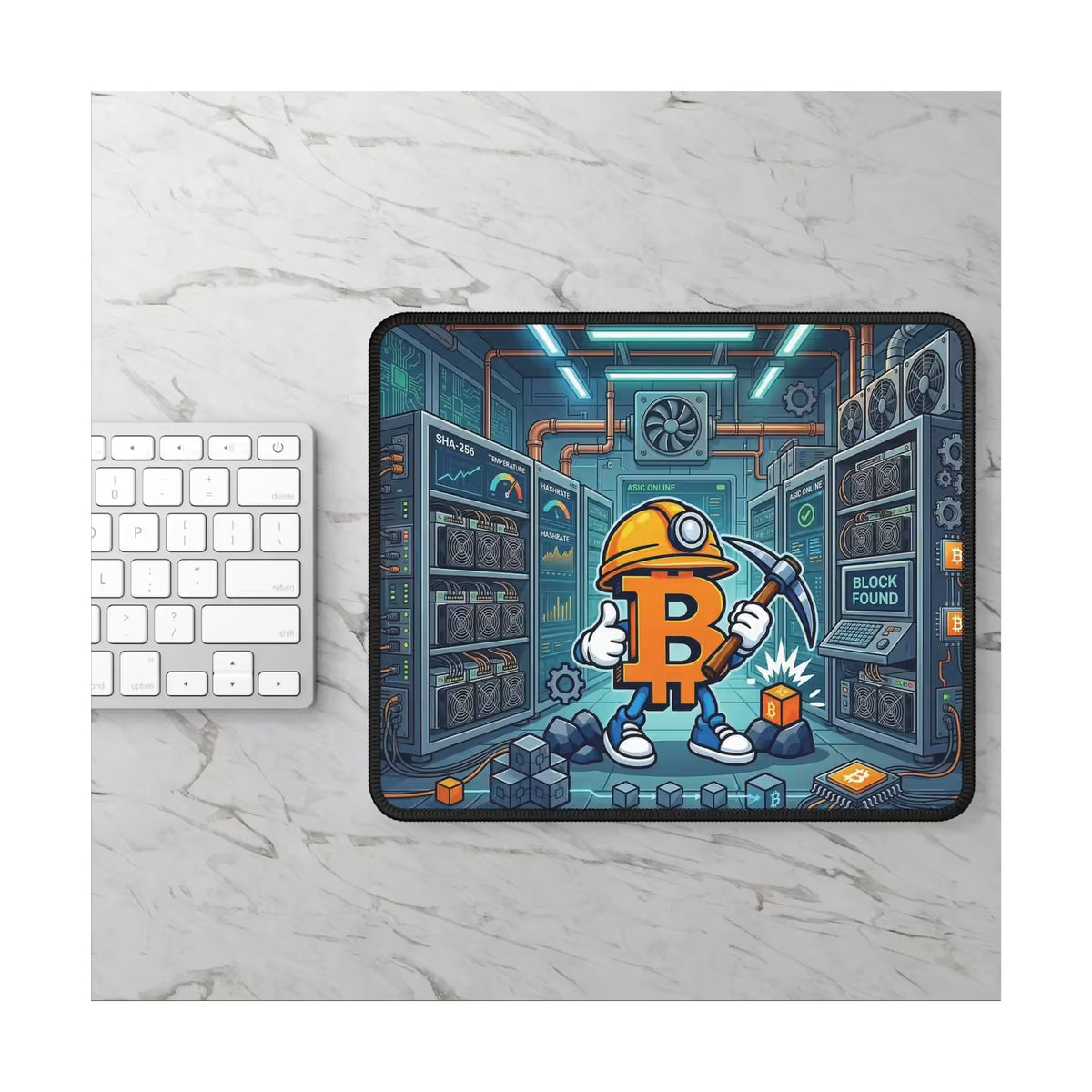 Bitcoin Proof of Work Mining Mouse Pad displayed on a light marble desk beside a white keyboard
