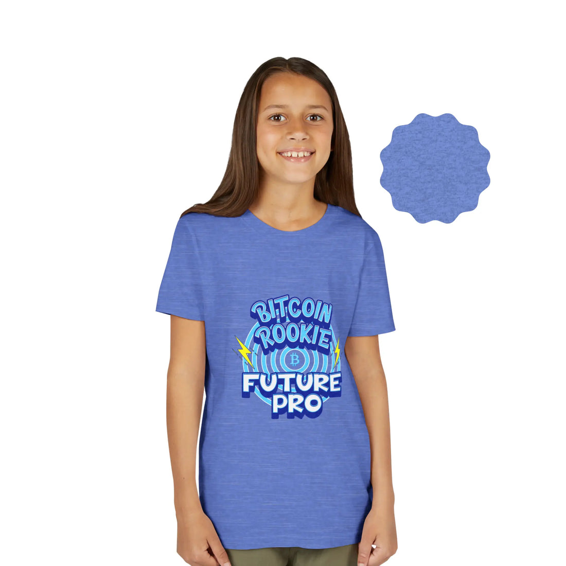 Bitcoin Rookie Future PRO Youth T-Shirt - Heather Columbia Blue - Bella Canvas 3001Y Model Front - Bitcoin Wear