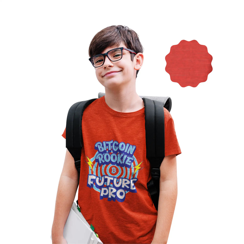 Bitcoin Rookie Future PRO Youth T-Shirt - Heather Red - Bella Canvas 3001Y Model Front - Bitcoin Gear