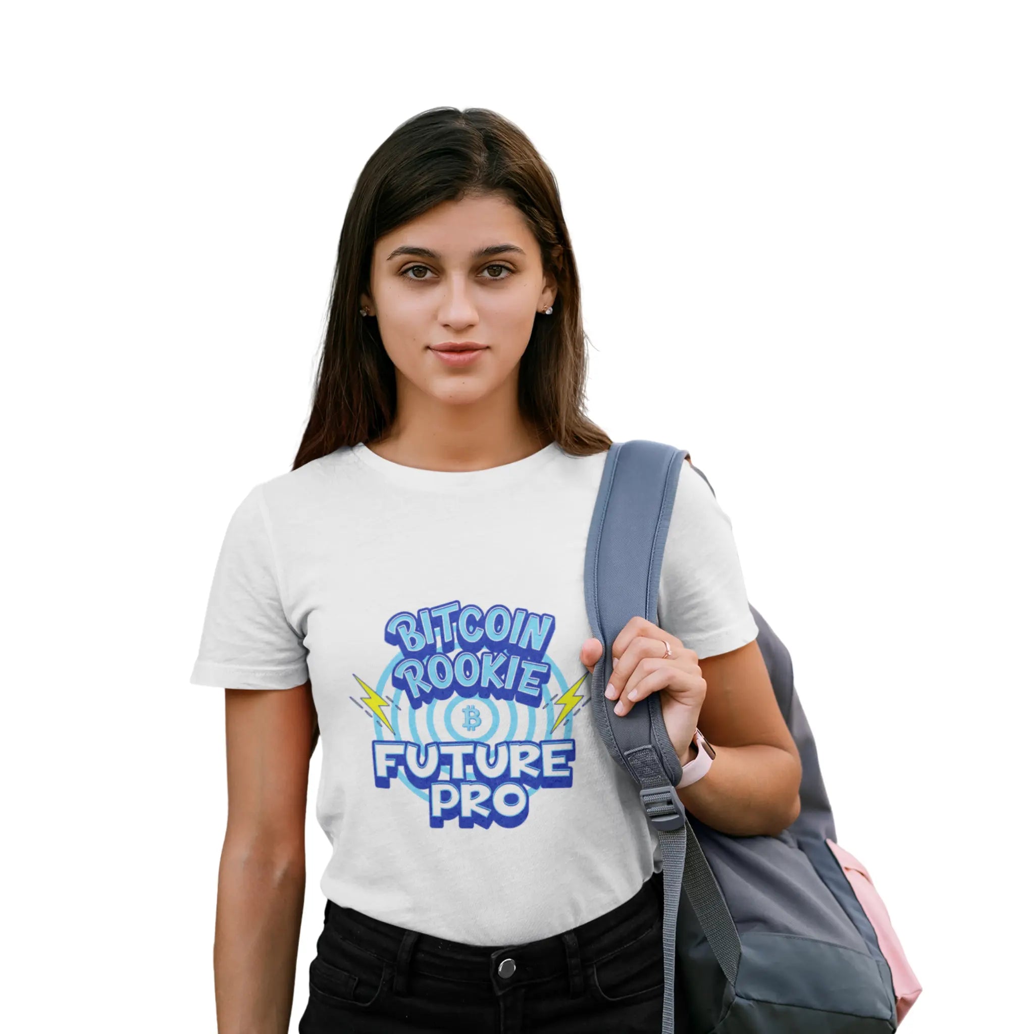 Bitcoin Rookie Future PRO Youth T-Shirt - White - Bella Canvas 3001Y Model Front View - Bitcoin Gear