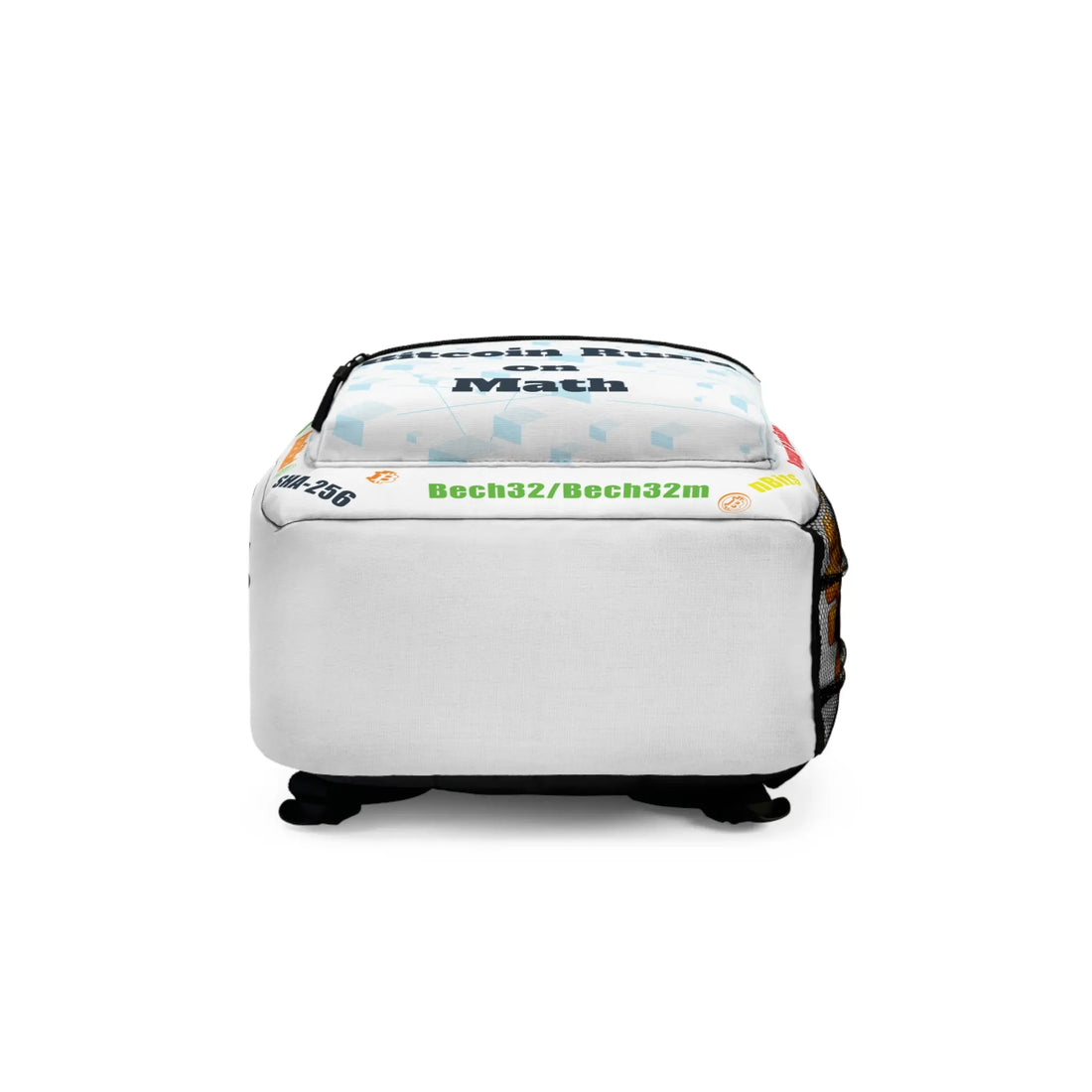 Bottom view of the white Bitcoin Runs on Math backpack showing the plain base. Assembled in the USA. Bitcoin Merch.