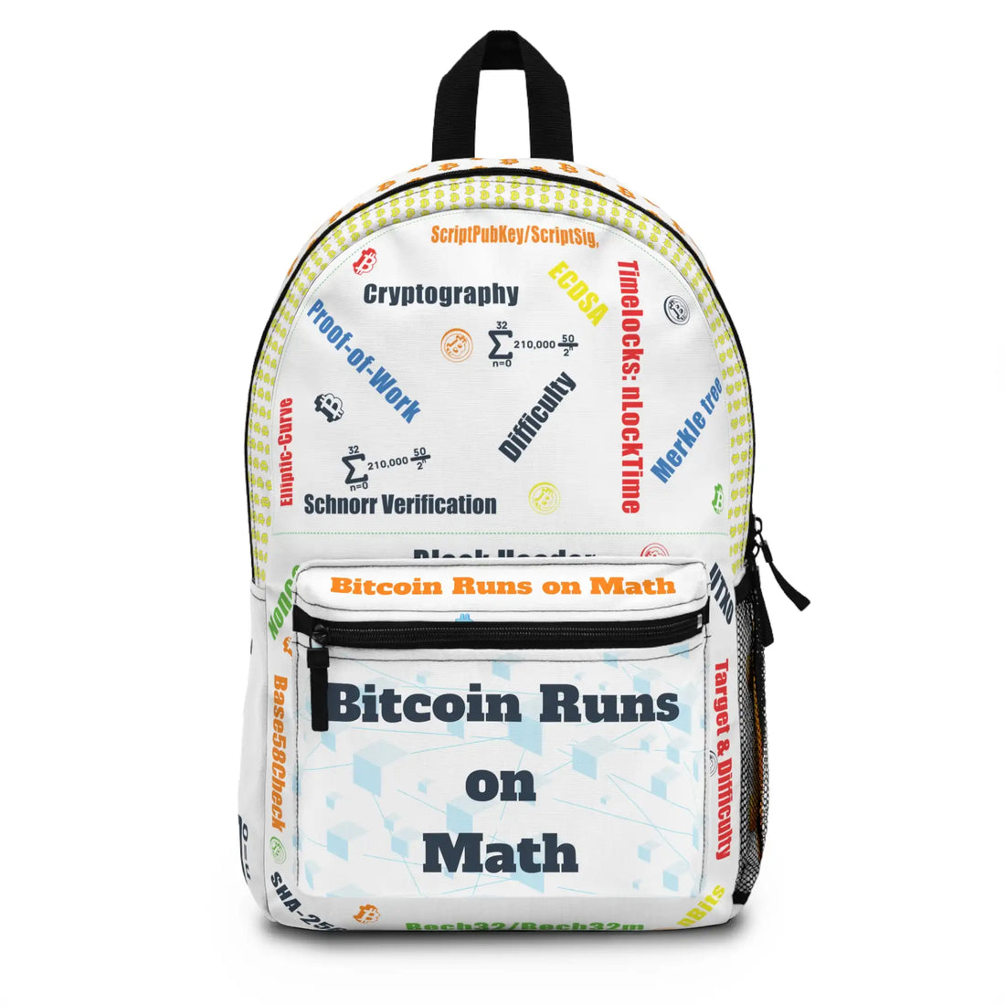 Front view of the white Bitcoin Runs on Math backpack with math equations. Assembled in the USA. Bitcoin Merch.