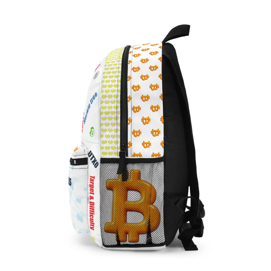 Left side view of the white Bitcoin Runs on Math backpack featuring text designs. Assembled in the USA. Bitcoin Merch.