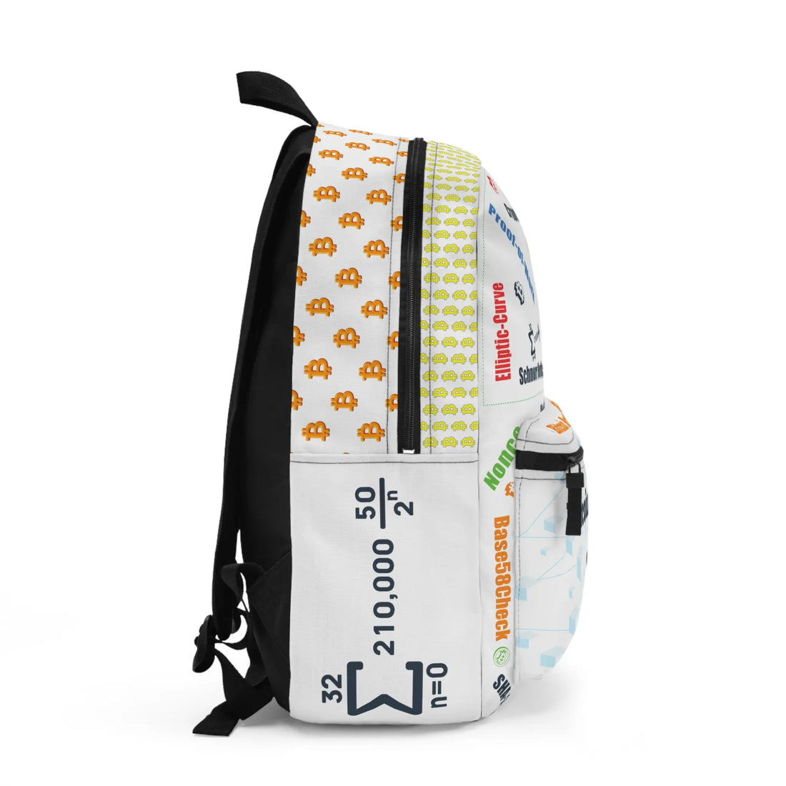 Right side of the white Bitcoin Runs on Math backpack with a side mesh pocket. Assembled in the USA. Bitcoin Merch.