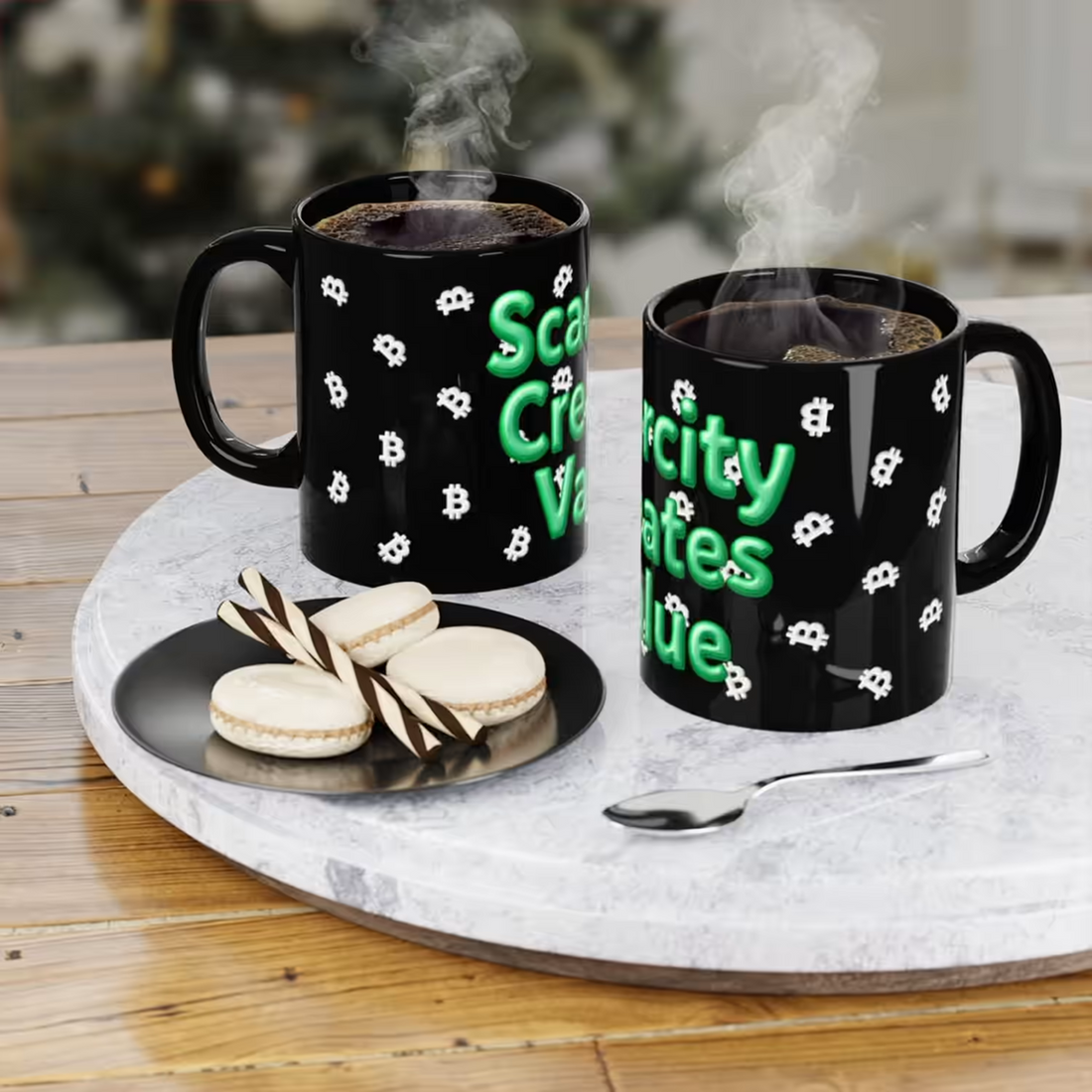 Lifestyle view of two 11oz black Bitcoin mugs with "Scarcity Creates Value" design on a marble table.