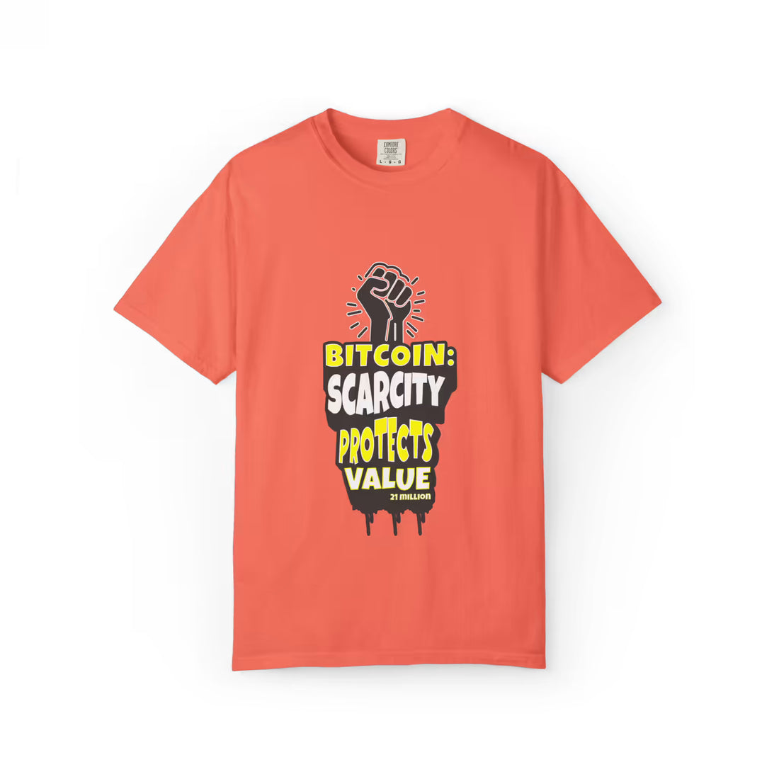 Flat lay of the bright salmon Bitcoin Scarcity Protects Value t-shirt, highlighting the Comfort Colors 1717 build.