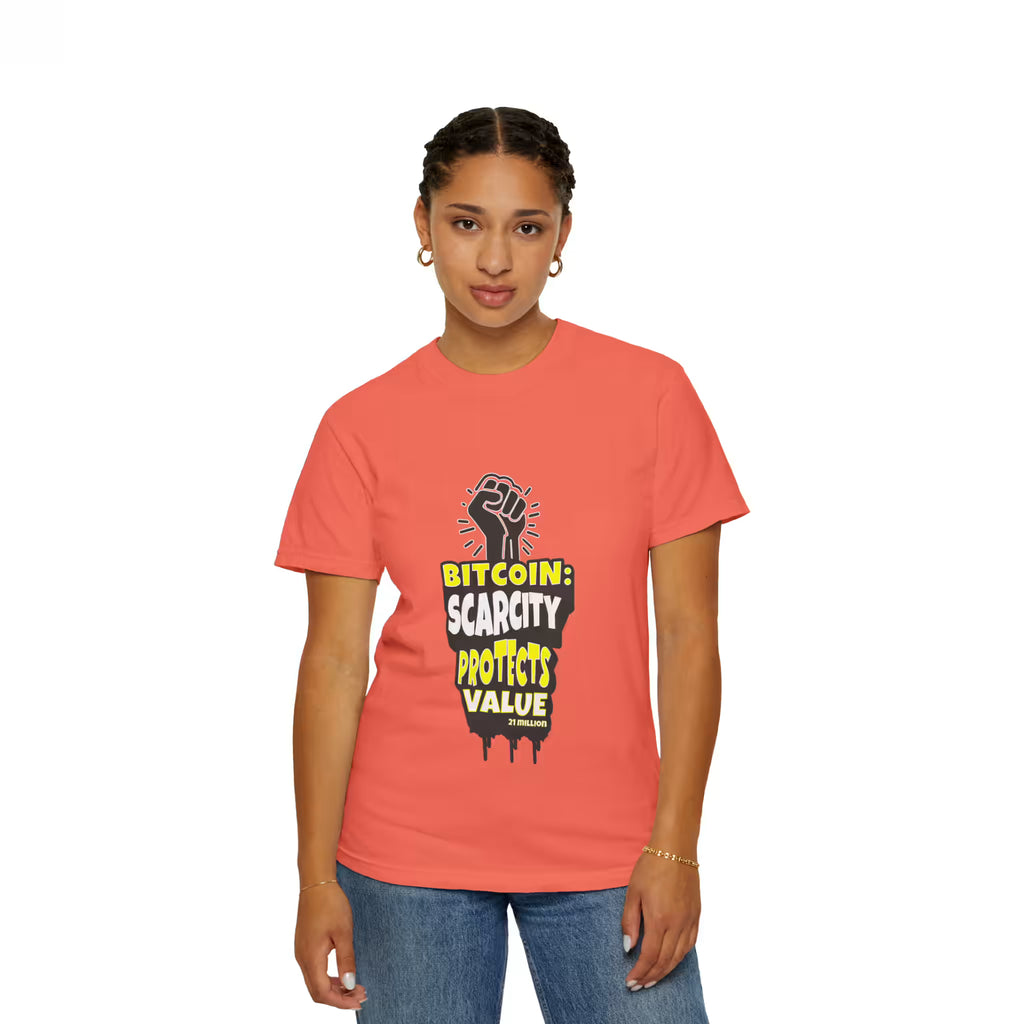 Front view of a model in the bright salmon Bitcoin Scarcity Protects Value t-shirt. Essential sound money apparel.