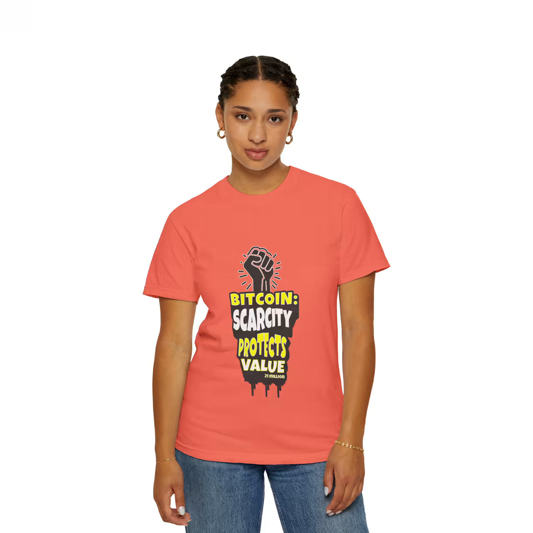 Front view of a model in the bright salmon Bitcoin Scarcity Protects Value t-shirt. Essential sound money apparel.