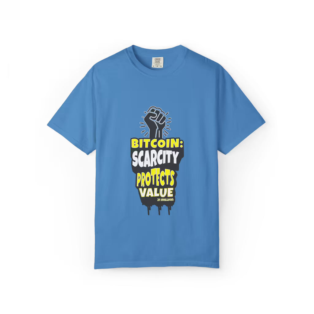 Flat front view of the royal caribe Bitcoin Scarcity Protects Value t-shirt. A Comfort Colors 1717 staple for HODLers.