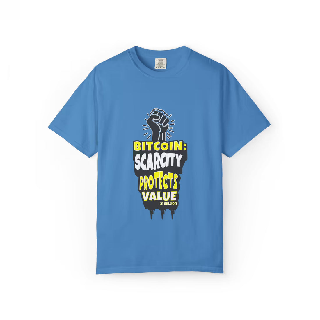 Flat front view of the royal caribe Bitcoin Scarcity Protects Value t-shirt. A Comfort Colors 1717 staple for HODLers.