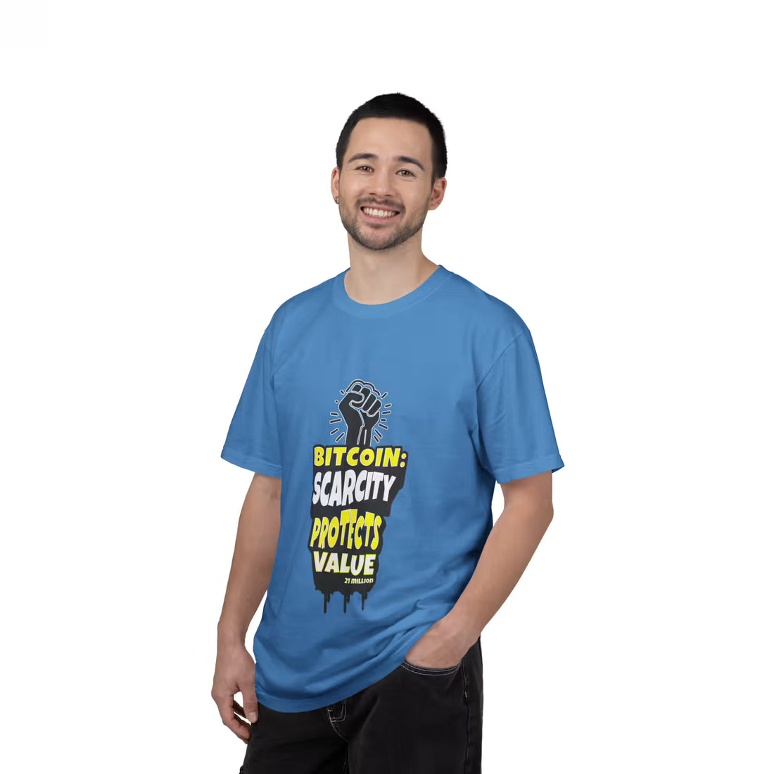 Flat front view of the royal caribe Bitcoin Scarcity Protects Value t-shirt. A Comfort Colors 1717 staple for HODLers.