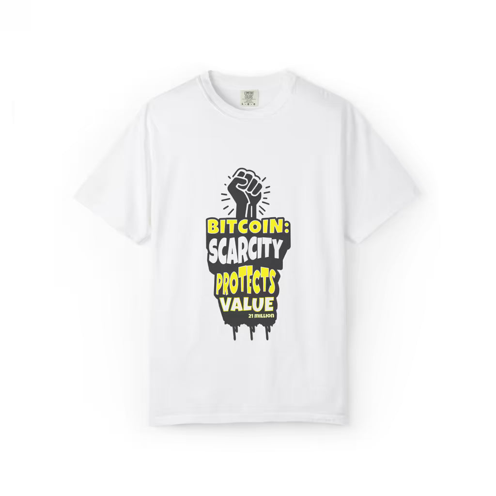 Flat lay of the white Bitcoin Scarcity Protects Value t-shirt, showing the durable Comfort Colors 1717 fabric.