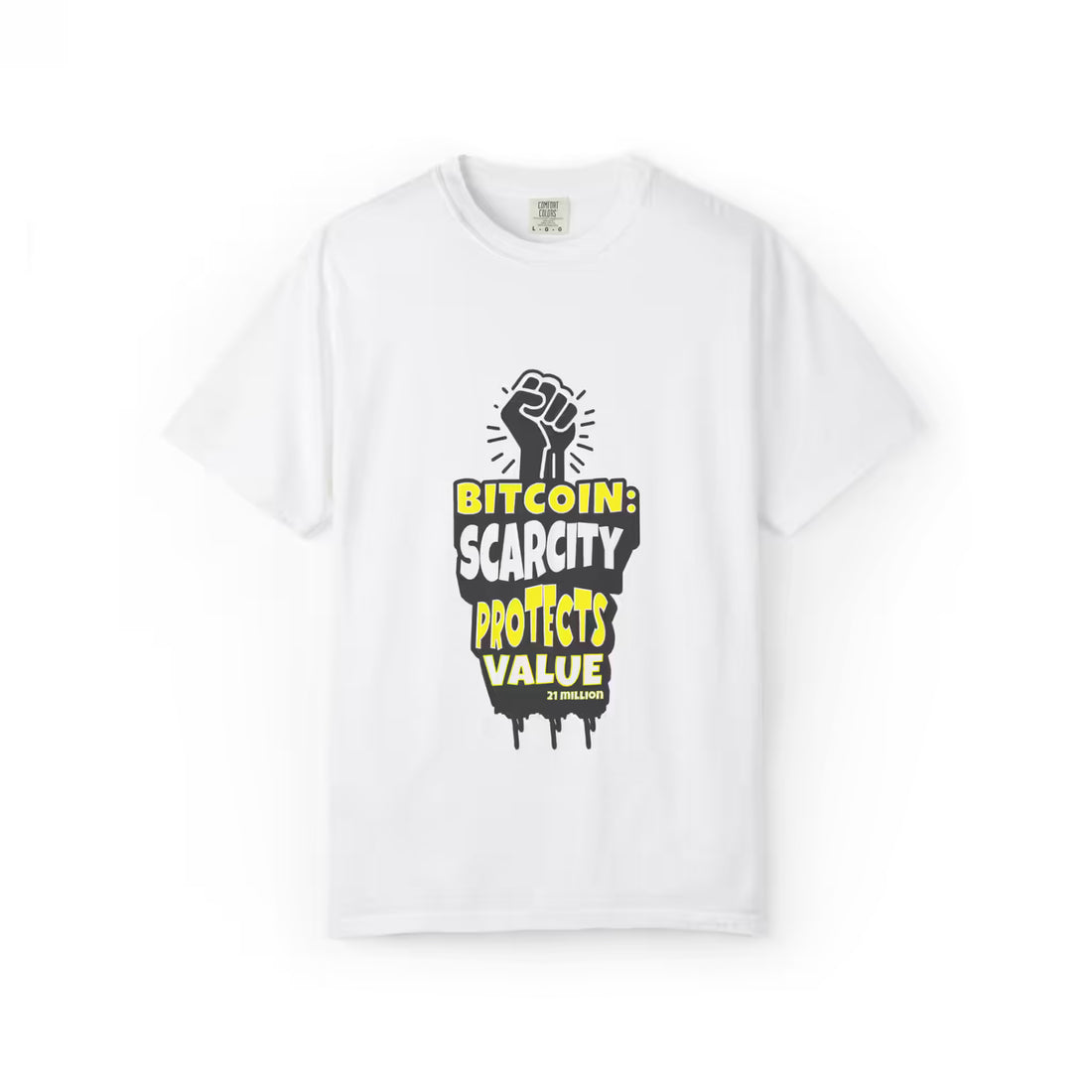 Flat lay of the white Bitcoin Scarcity Protects Value t-shirt, showing the durable Comfort Colors 1717 fabric.