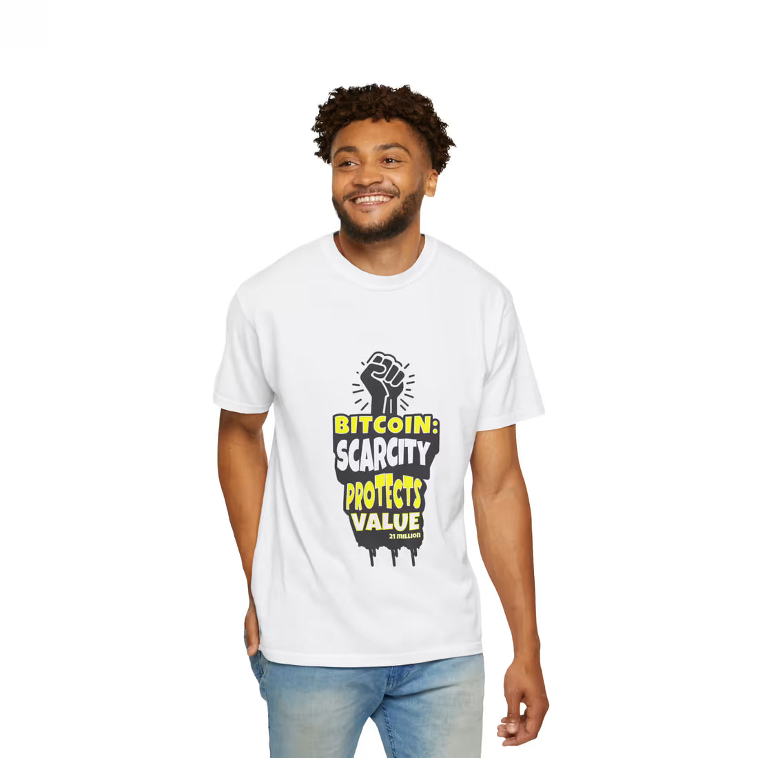 Front view of a model in the white Bitcoin Scarcity Protects Value t-shirt, educating on absolute hard cap principles.