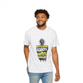 Front view of a model in the white Bitcoin Scarcity Protects Value t-shirt, educating on absolute hard cap principles.