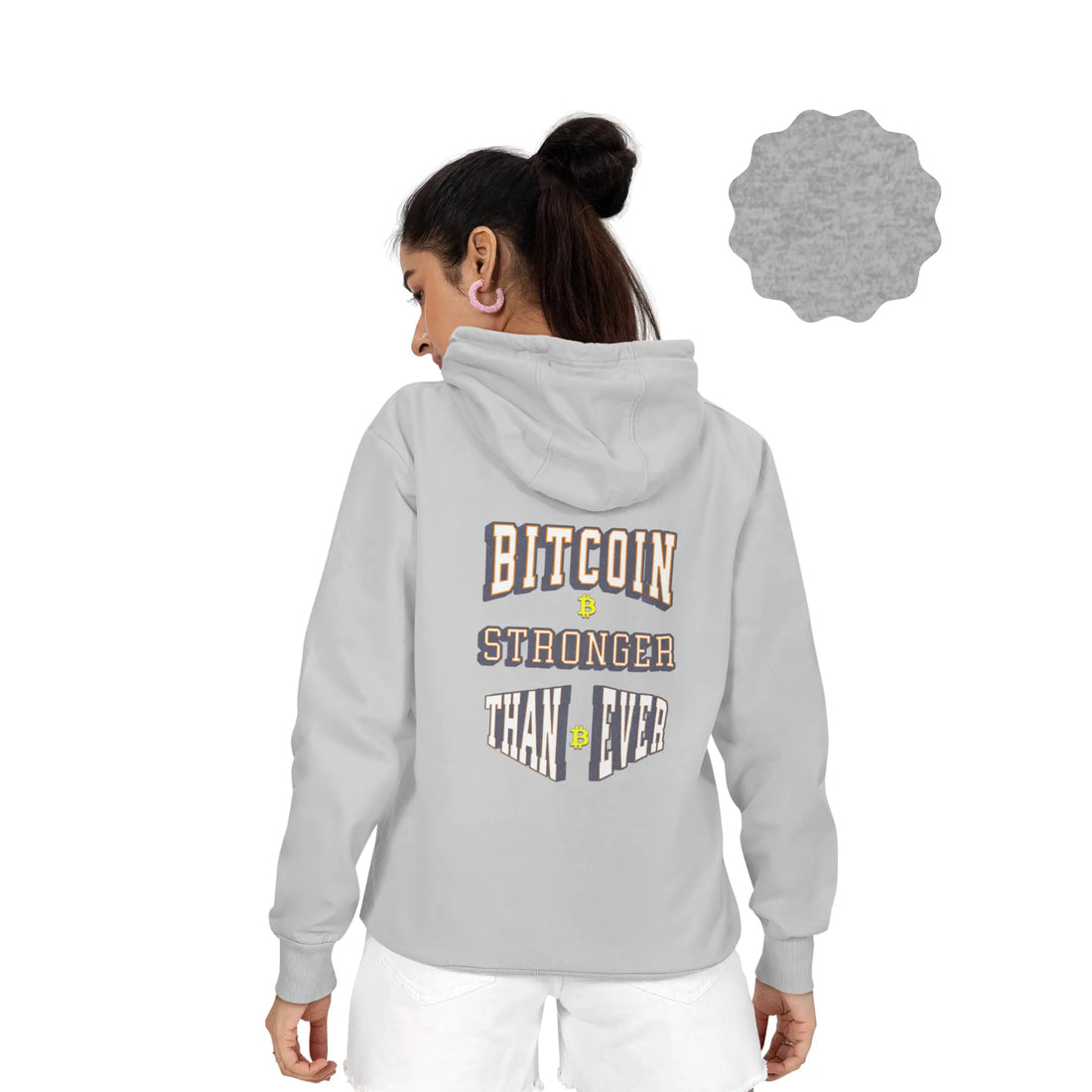 Bitcoin Stronger Than Ever Unisex Hoodie Back Print - Heather Grey - Lane Seven LS14001 Model Back View - Bitcoin Merch