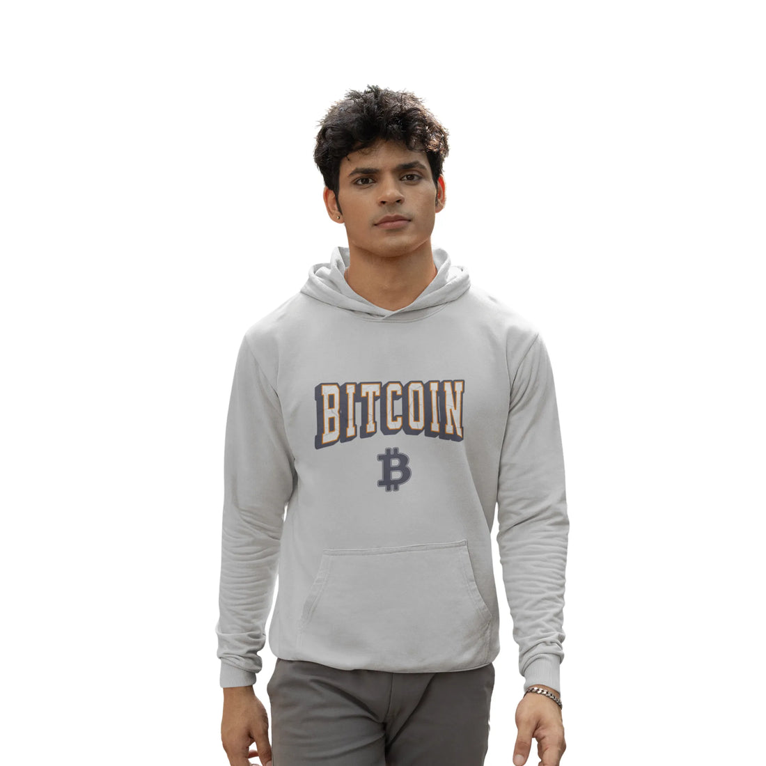 Bitcoin Stronger Than Ever Unisex Hoodie - Heather Grey - Lane Seven LS14001 Model Front - Bitcoin Apparel