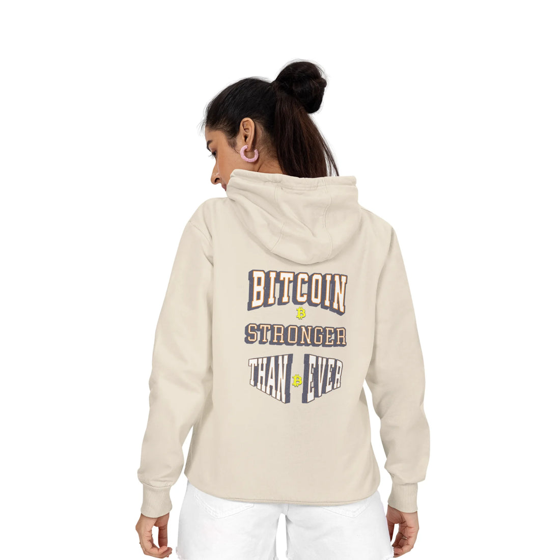 Bitcoin Stronger Than Ever Unisex Hoodie Back Print - Sandshell - Lane Seven LS14001 Model Back - Bitcoin Apparel
